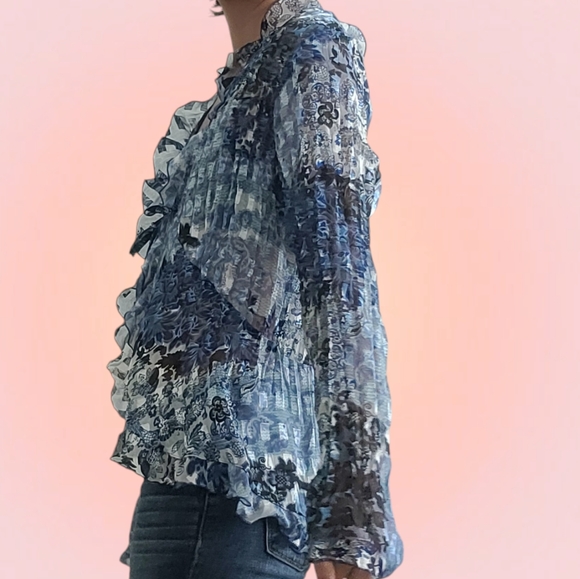 Notations Y2K floral Blue Mesh Fringe Cardigan Size Petite XL - Picture 2 of 6